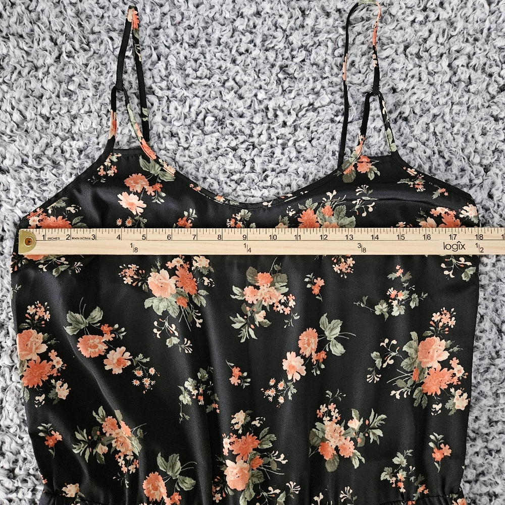 Black Floral Satin Jumpsuit M Medium Sleeveless Jogger Pant Women's Romper - Picture 9 of 14